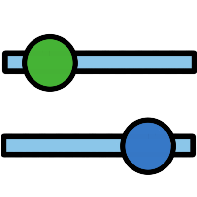 two horizontal light blue lines, one above the other. the upper line has a green circle in front of it at the left side. the lower line has a blue circle in front of it at the right side. the image has black outlines